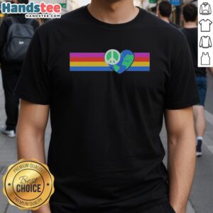 Alt Text: Official Rainbow Peace T-Shirt featuring a heart-shaped Earth design, promoting love and harmony for all.