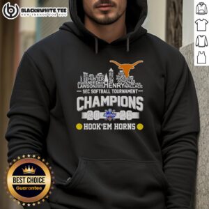 Alt Text: 2026 SEC Softball Tournament Champions hoodie featuring Texas Longhorns player, city skyline backdrop.
