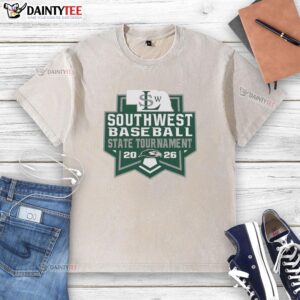Alt Text: Original Southwest Silver Hawks Baseball State Tournament 2026 logo on a washed t-shirt, perfect for fans.