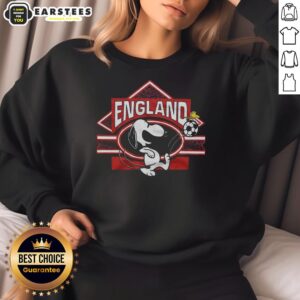 Cute Peanuts Snoopy X England soccer sweatshirt featuring vibrant colors and playful graphics of Snoopy.