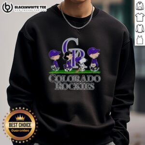 Cute Snoopy, Charlie Brown, Linus, and Lucy in Colorado Rockies baseball jerseys and sweatshirts, celebrating baseball.