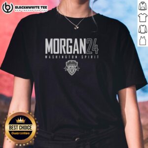 Alt Text: Good Morgan 24 Washington Spirit Ladies Tee showcasing vibrant design and team spirit for fans of women's soccer.
