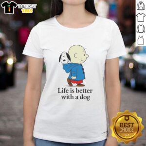 Alt Text: Original Snoopy and Charlie Brown Life is Better with a Dog Ladies Tee featuring a playful design with beloved characters.