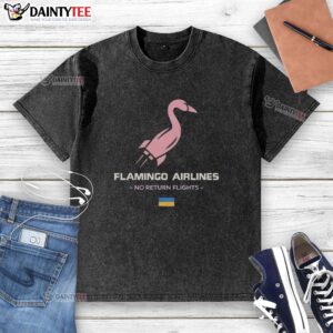 Nice Flamingo Airlines No Return Flights washed t-shirt featuring a vibrant flamingo design and casual style.