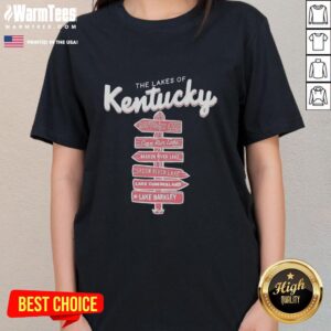 Original The Lakes of Kentucky signpost on a ladies tee, showcasing beautiful scenery and local charm.