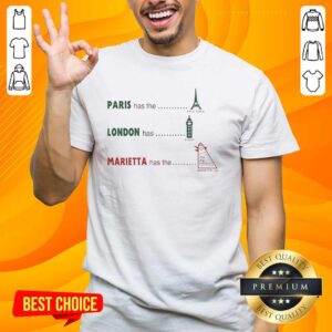 Marietta Georgia T-Shirt featuring the Big Chicken, a fun local landmark, alongside iconic symbols of Paris and London.