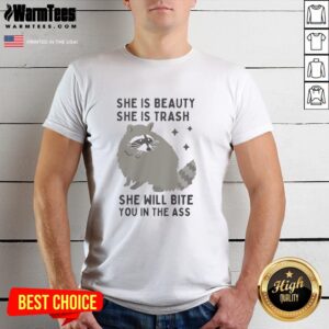 Alt Text: Premium Raccoon T-Shirt featuring She Is Beauty She Is Trash design, perfect for raccoon lovers and humor enthusiasts.