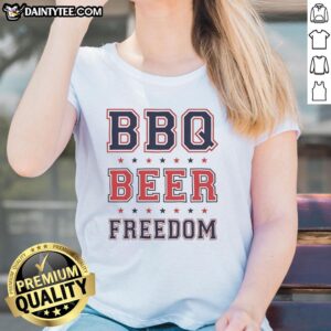 Alt Text: Original BBQ Beer Freedom Stars Ladies Tee featuring a stylish design perfect for summer gatherings and celebrations.
