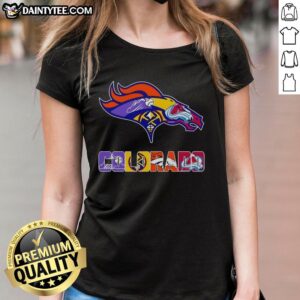 Women's tee featuring a mashup of Denver Broncos, Nuggets, Rockies, and Avalanche sports logos.