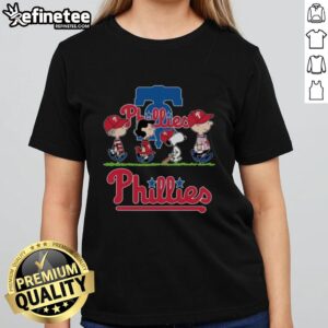 Good Snoopy Charlie Brown Linus And Lucy Wearing Philadelphia Phillies Baseball Jersey T-Shirt - Image 3