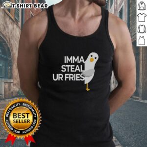Woman wearing a 'Pretty Imma Steal Ur Fries' tank top, showcasing fun food-themed fashion style.