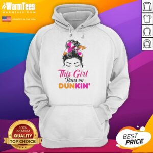 Premium 'This Girl Runs on Dunkin' hoodie in stylish design, perfect for coffee lovers and casual fashion enthusiasts.