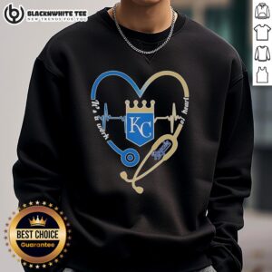 Top Kansas City Royals sweatshirt featuring a stethoscope and heartbeat design, showcasing passion for baseball and health.