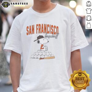 Alt Text: Cute Snoopy San Francisco Giants baseball T-shirt featuring colorful graphics and a classic design for fans.