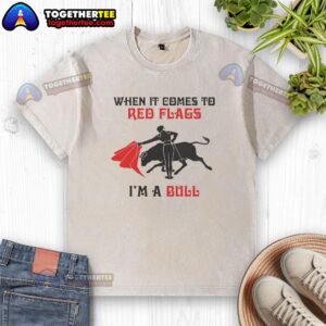 Alt Text: Red flags graphic on a washed t-shirt, featuring the phrase 'Nice When It Comes To Red Flags' in bold lettering.