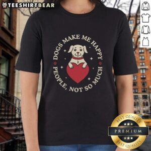 Good Dogs Make Me Happy ladies tee featuring a playful dog graphic and cheerful text in a stylish design.