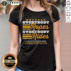 Buffalo Sabres Hockey 'Everybody Ropes Everybody Rides' Ladies Tee featuring team colors and logo, perfect for fans.