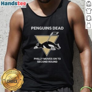 Alt Text: Official Penguins Dead Philly Moves On to Second Round Philadelphia Flyers tank top featuring team logo and vibrant design.
