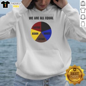 Colorful pie chart hoodie design featuring diverse ethnicities: Native, Asian, Latino, and White. Top We Are All Equal.