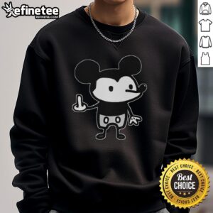 Good The Mouse gives the middle finger on a Mickey Mouse cartoon sweatshirt, showcasing a playful design.