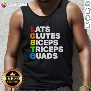 Stylish LGBTQ tank top featuring bold text: 'Nice Lats, Glutes, Biceps, Triceps, Quads' perfect for fitness enthusiasts.