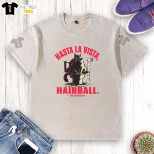 Alt Text: Awesome Hasta La Vista Hairball Cat washed t-shirt featuring a playful cat graphic and vibrant colors.
