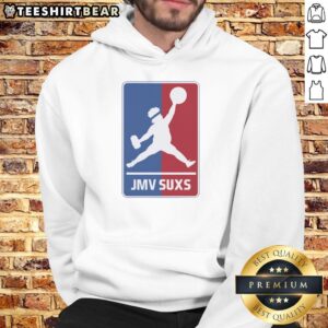 Overweight baseball pitcher wearing an 'Awesome Jmv Jmv Suxs MLB Jumpman Parody' hoodie, showcasing a humorous sports vibe.