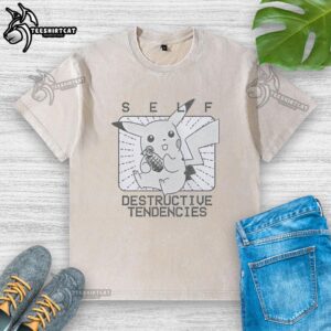 Alt Text: Funny Pikachu graphic on a self-destructive tendencies washed t-shirt, perfect for Pokmon fans and quirky fashion lovers.