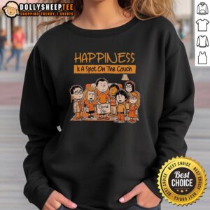 Cozy sweatshirt featuring 'Good Happiness is a Spot on the Couch' design, perfect for lounging and expressing comfort.