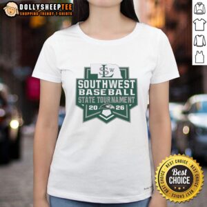 2026 Top Southwest Silver Hawks Baseball State Tournament logo on a ladies tee shirt, perfect for fans and players.