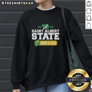 Alt Text: Premium Saint Albert State Track and Field 2026 sweatshirt in athletic gray with vibrant logo, perfect for team pride.