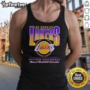 Pretty black Los Angeles Lakers Western Conference NBA swish tank top displayed on a mannequin against a stylish backdrop.