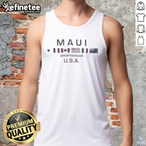 Alt Text: Premium Maui sportswear USA flags tank top featuring a vibrant design ideal for summer outdoor activities.