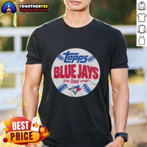 Alt Text: Awesome powder blue Toronto Blue Jays MLB x Topps Baseball T-shirt featuring a stylish design for fans.