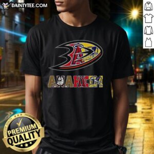 Collage logo T-shirt featuring Anaheim Ducks NHL and other Anaheim sports teams, perfect for fans and collectors.