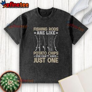 Fisherman in a 'Pretty Fishing Rods Are Like Potato Chips' t-shirt, showcasing vibrant fishing gear against a scenic backdrop.