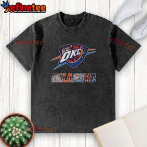 Alt Text: Collage of Oklahoma City Thunder NBA logo and Oklahoma sports teams on a washed t-shirt, perfect for fans.