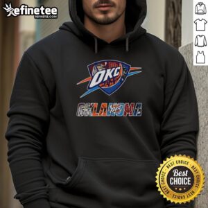 Collage of Oklahoma City Thunder NBA logo and other Oklahoma sports team logos on a stylish hoodie design.