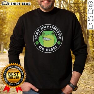 Funny sweatshirt featuring a pretty frog holding a knife with 'Stay Hoptimisti or Else' text design.