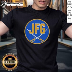 Alt Text: Good Buffalo Sabres Jfg River Hockey Academy Logo T-Shirt featuring a vibrant design and team colors for fans.