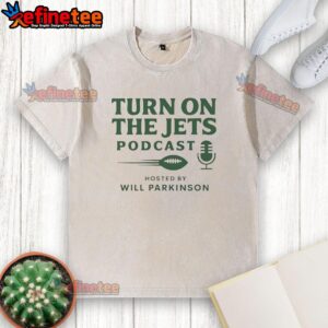 Alt Text: Logo of the Nice Turn on the Jets Podcast hosted by Will Parkinson on a washed t-shirt design.