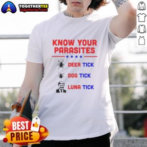 Good Know Your Parasites T-Shirt featuring Deer Tick, Dog Tick, and Luna Tick illustrations for tick awareness.