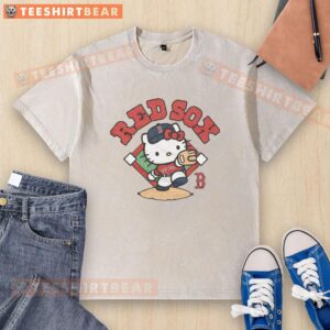 Cute Hello Kitty x Boston Red Sox throw washed t-shirt featuring playful design and vibrant colors for fans.