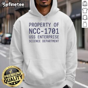 Official NCC-1701 USS Enterprise Science Department hoodie showcasing Star Trek design, perfect for fans and collectors.