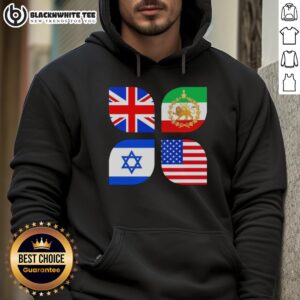 Alt Text: Awesome Union Jack, Iran, Israel, and USA flag hoodie showcasing a unique design for flag enthusiasts.
