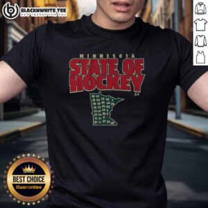 Alt Text: Official Minnesota State Of Hockey T-Shirt featuring iconic hockey graphics, perfect for fans and players alike.