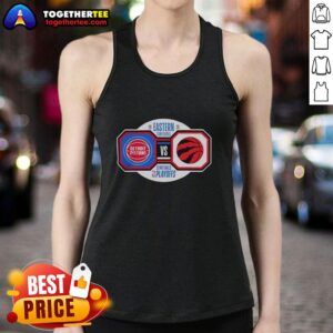 Detroit Pistons vs Toronto Raptors 2026 NBA Playoffs Eastern Conference Semifinals tank top featuring team logos.