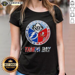 Hot Tampa Bay Rays, Lightning, and Buccaneers mashup logos on a stylish ladies tee shirt design.
