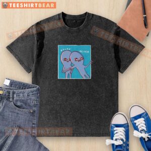 Two cute aliens relaxing on a strange planet, wearing a Nathan W. Pyle washed t-shirt, showcasing whimsical art.