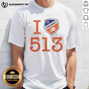 Alt Text: Top Ted Karras FC Cincinnati 513 Day Cincy logo T-shirt featuring vibrant design and team colors.